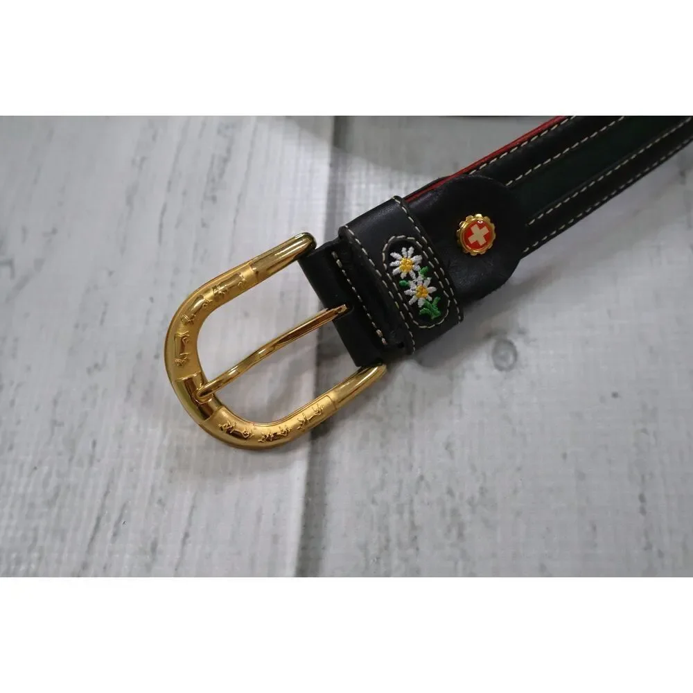 Vintage Swiss Folk Michel Jordi Women's Leather Belt Cow Print Golden Buckle